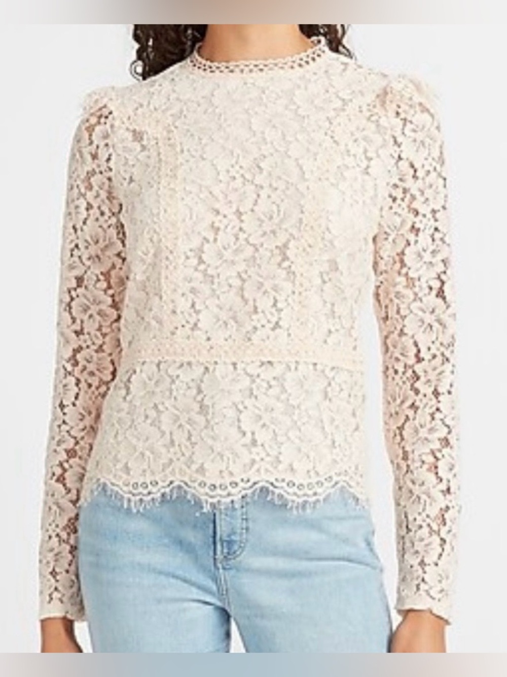 Women’s Express Floral Lace Puff Long Sleeve High Neck Fringe Blouse - Size L